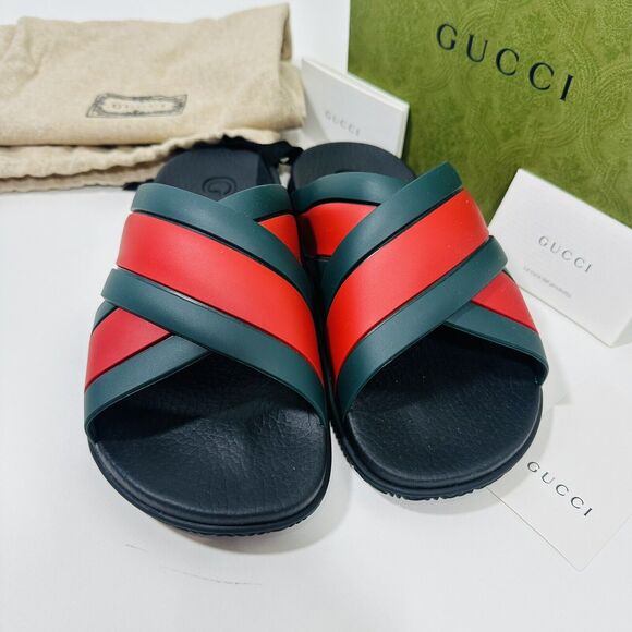 Gucci Agrado 37/ US 7 Rubber Web Slide Sandal Black Green Red Crisscross NIB - Picture 3 of 7